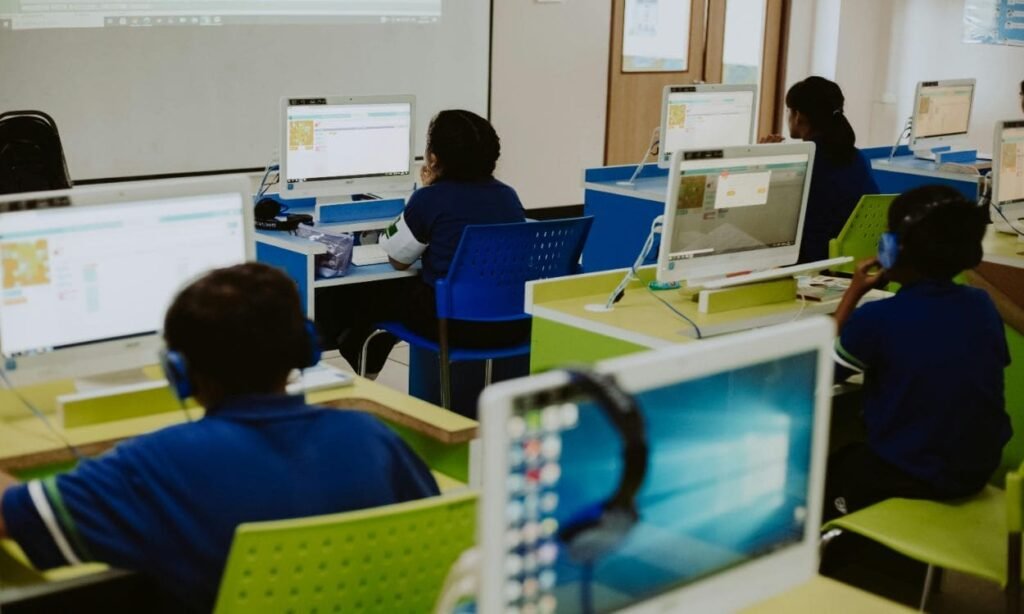 Illustration of AI and teacher working together in a high-tech future classroom