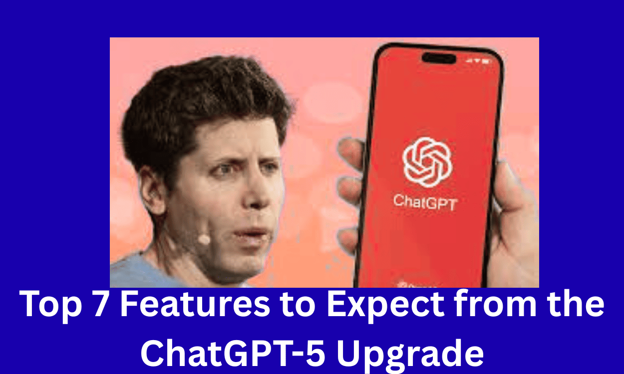 A glowing AI brain icon with connected data streams and chat bubbles on a blue-purple digital background. The text “ChatGPT-5 Upgrade” highlights the latest AI advancement.